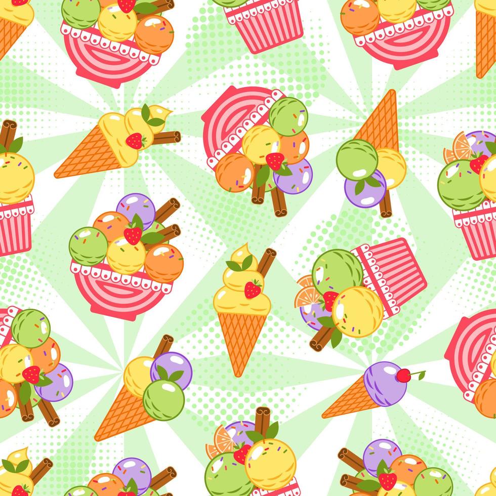Funny pattern with different ice cream, round halftone shapes, radial green background. Simple minimal style. For prints, clothing, surface design vector