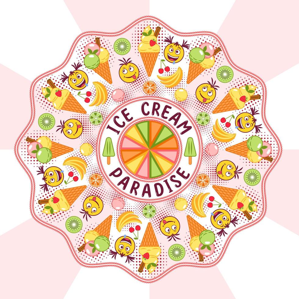 Round ornament with ice cream, fruits, crazy emoji kids, round halftone shapes, text Ice Cream Paradise. Radial background behind. Simple minimal style. For prints, clothing, surface design vector