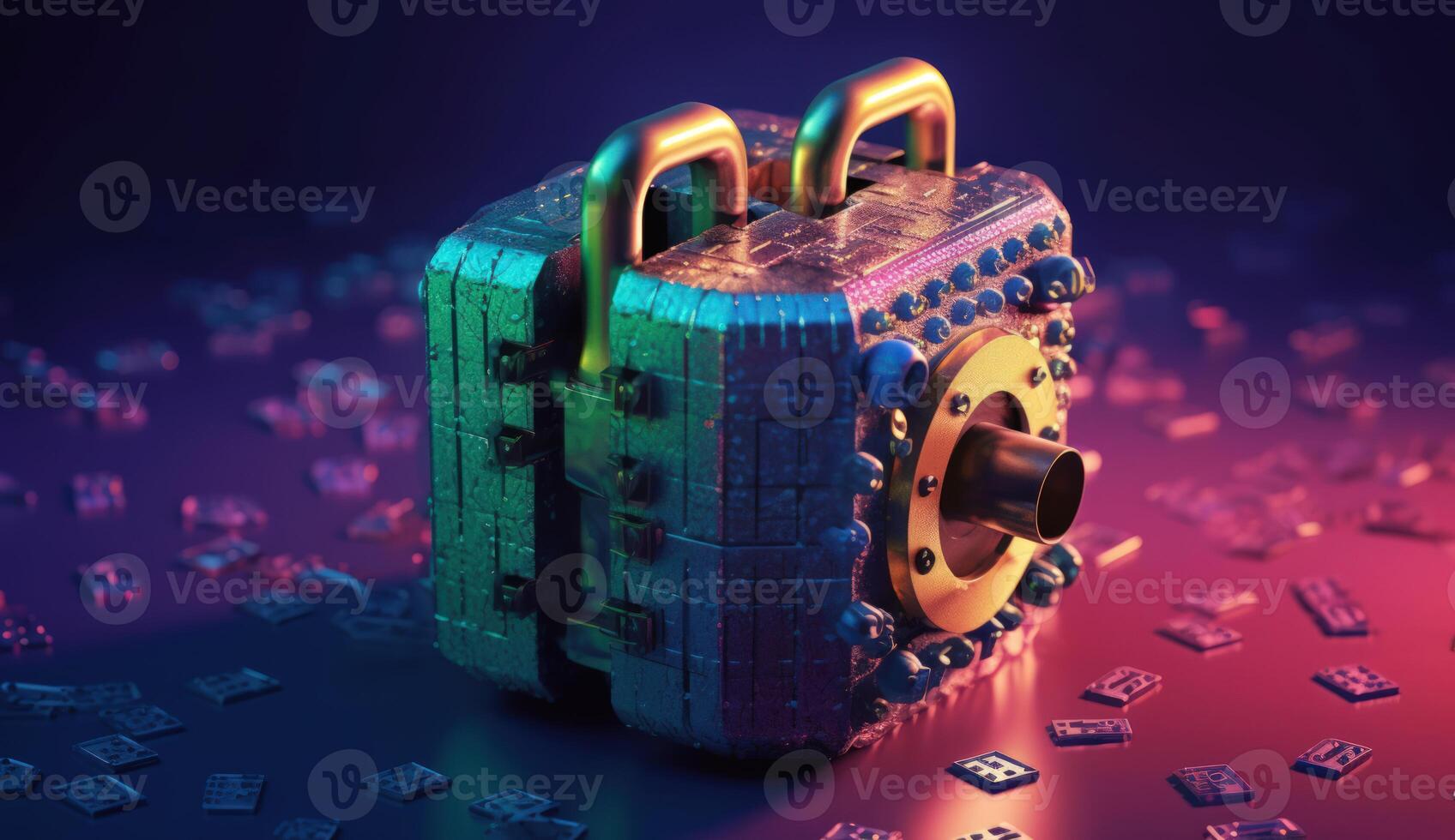 Digital padlock safeguards circuitry, epitomizing cyber security. photo