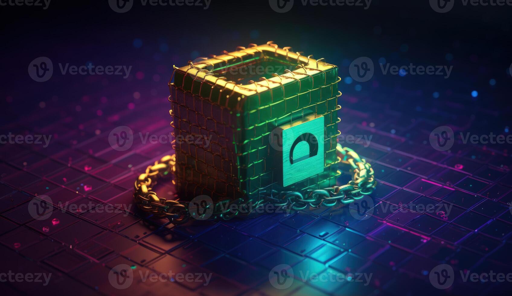 Digital padlock safeguards circuitry, epitomizing cyber security. photo