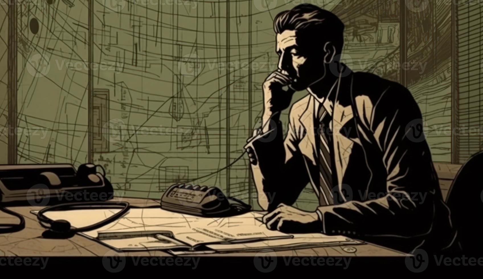 Cartoon Image of a Businessman Sitting at His Office Desk, Talking on the Phone, Taking Notes or Signing Documents, Depicting a Busy Work Environment. photo