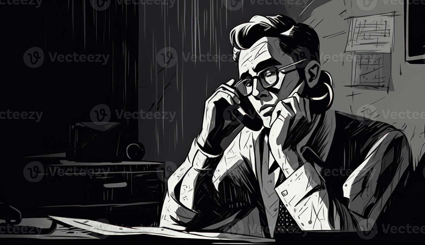 Cartoon Image of a Businessman Sitting at His Office Desk, Talking on the Phone, Taking Notes or Signing Documents, Depicting a Busy Work Environment. photo