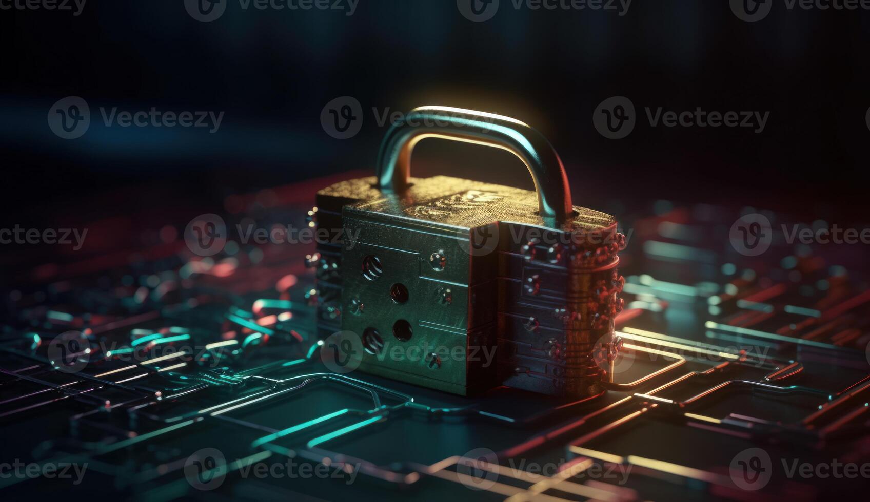 Digital padlock safeguards circuitry, epitomizing cyber security. photo