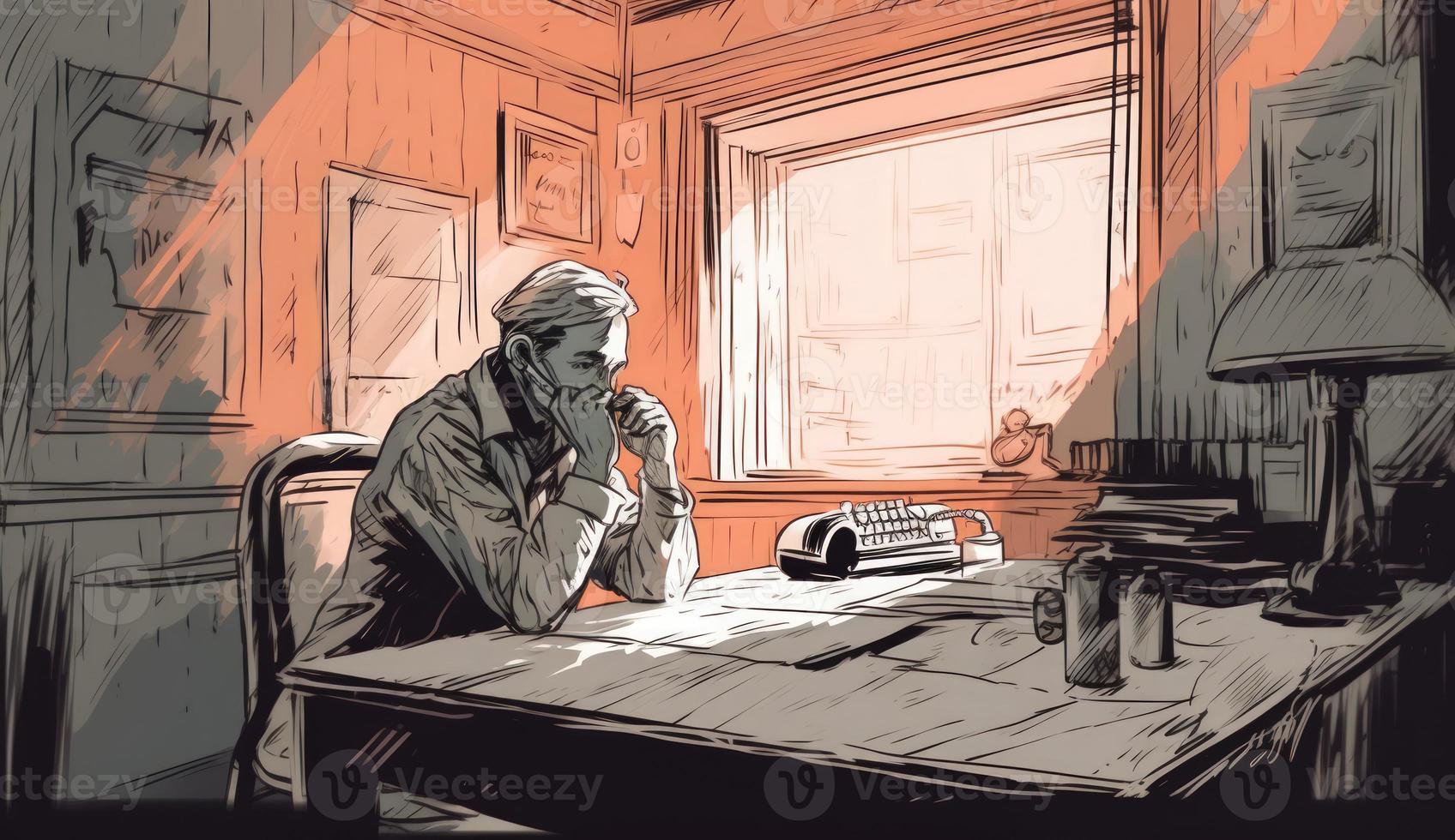 Cartoon Image of a Businessman Sitting at His Office Desk, Talking on the Phone, Taking Notes or Signing Documents, Depicting a Busy Work Environment. photo