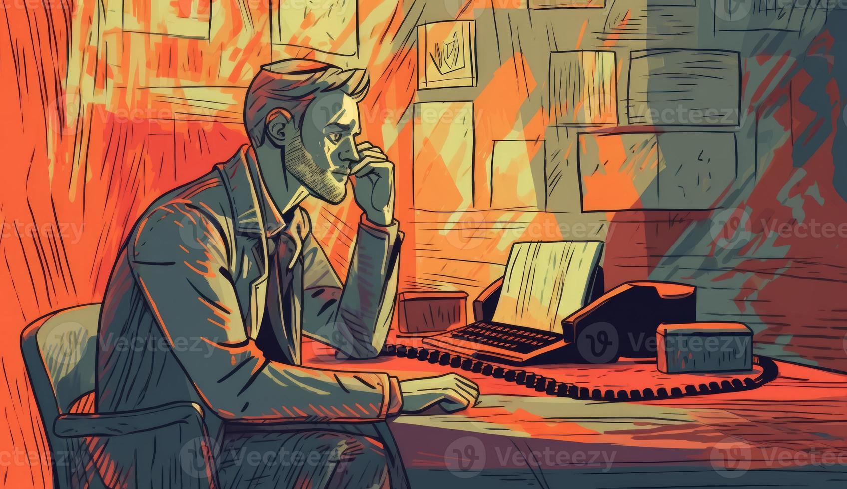 Cartoon Image of a Businessman Sitting at His Office Desk, Talking on the Phone, Taking Notes or Signing Documents, Depicting a Busy Work Environment. photo