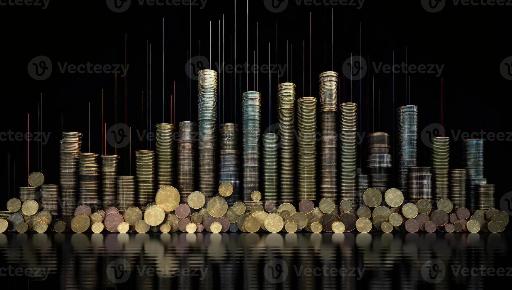 City lights shimmer behind towering coin stacks, symbolizing wealth and finance. photo