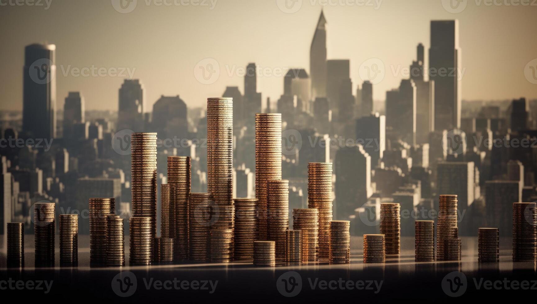 City lights shimmer behind towering coin stacks, symbolizing wealth and finance. photo