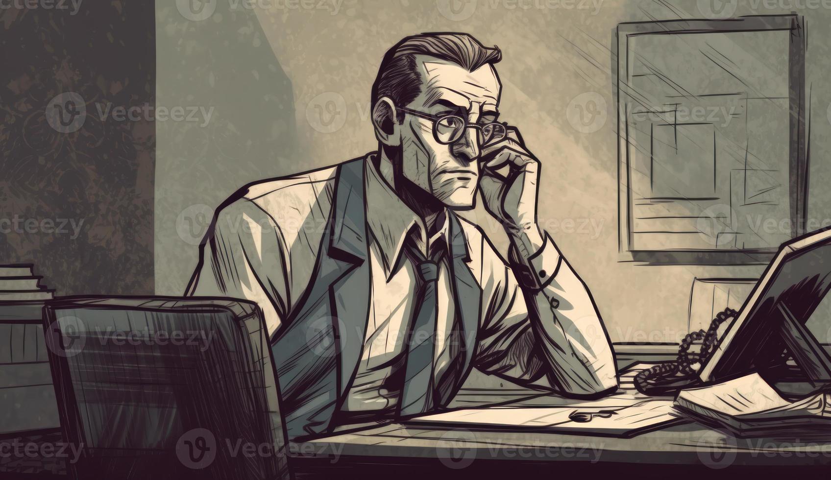 Cartoon Image of a Businessman Sitting at His Office Desk, Talking on the Phone, Taking Notes or Signing Documents, Depicting a Busy Work Environment. photo