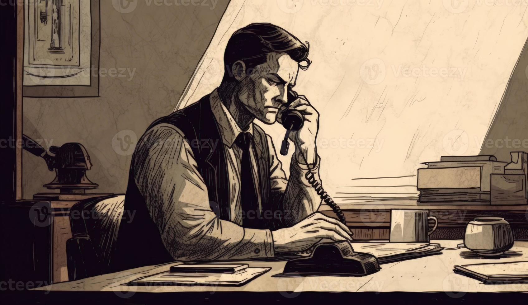 Cartoon Image of a Businessman Sitting at His Office Desk, Talking on the Phone, Taking Notes or Signing Documents, Depicting a Busy Work Environment. photo