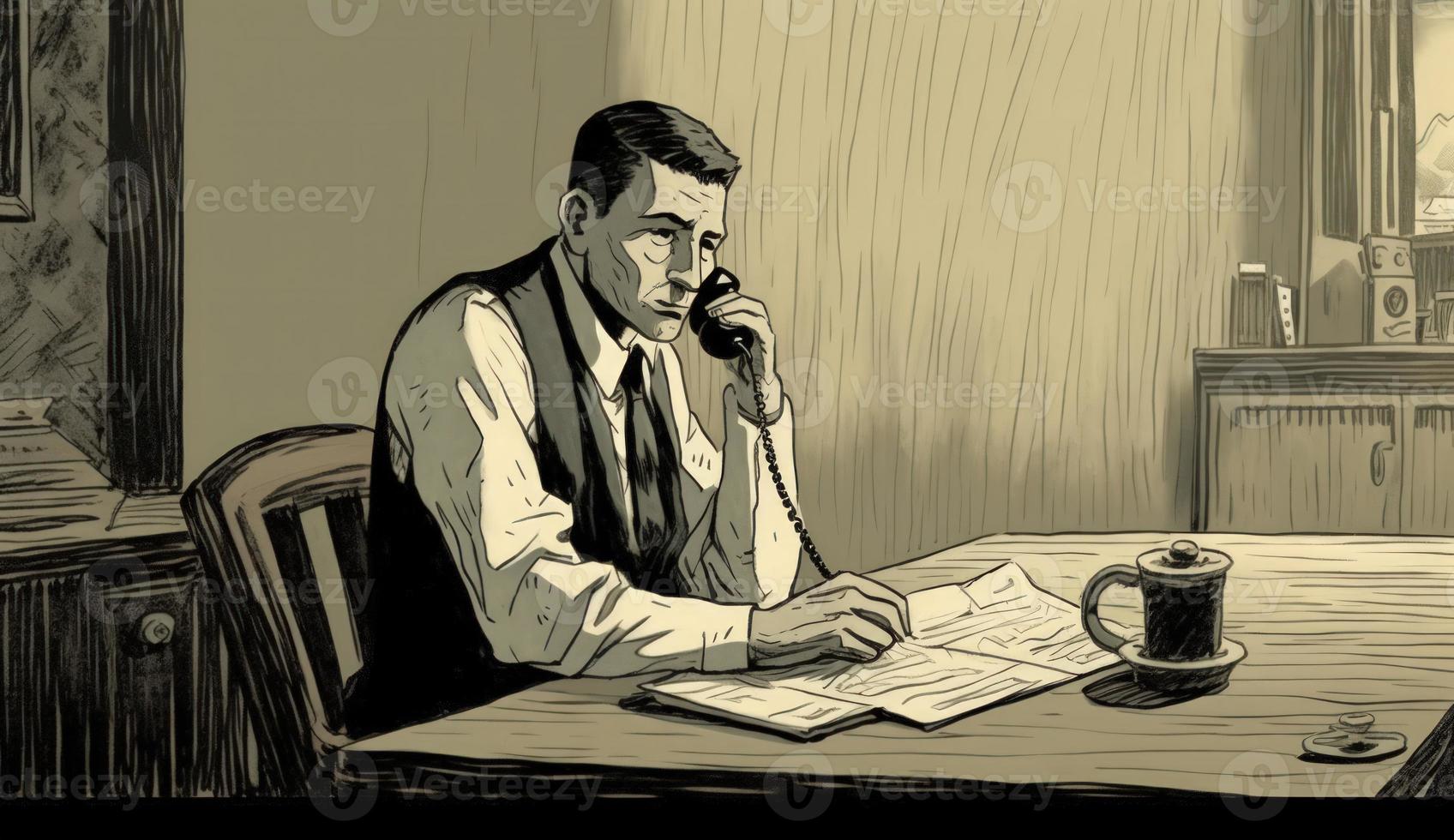 Cartoon Image of a Businessman Sitting at His Office Desk, Talking on the Phone, Taking Notes or Signing Documents, Depicting a Busy Work Environment. photo