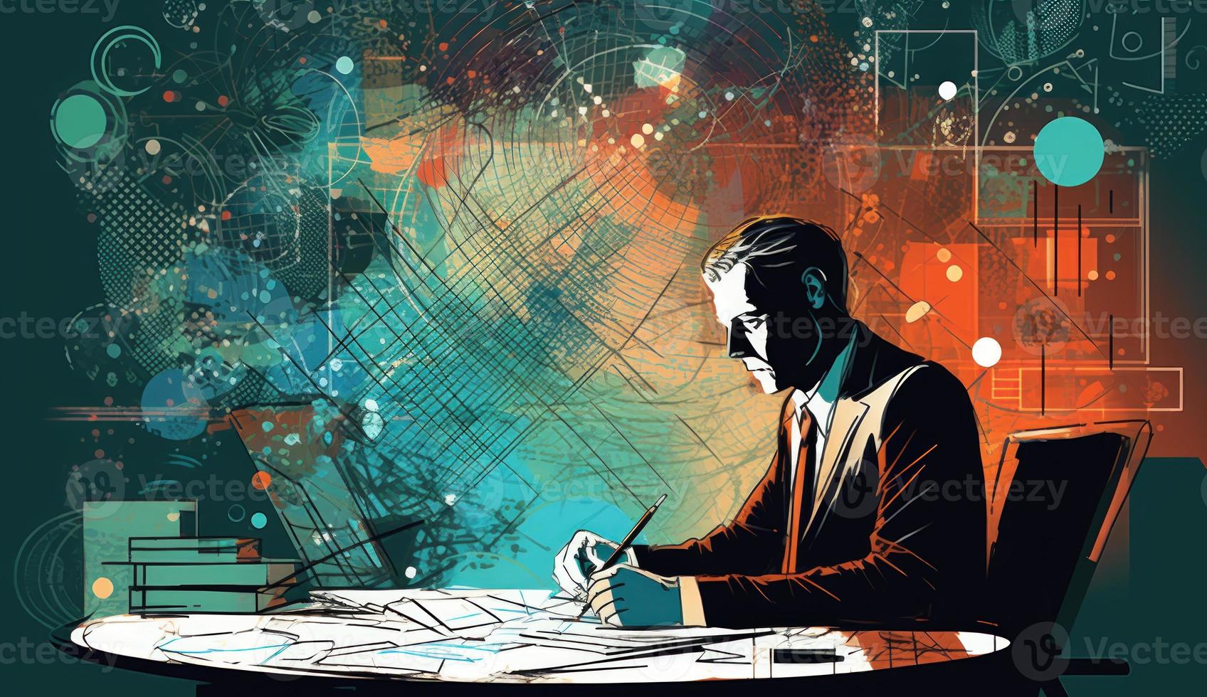 Cartoon Image of a Businessman Sitting at His Office Desk, Talking on the Phone, Taking Notes or Signing Documents, Depicting a Busy Work Environment. photo