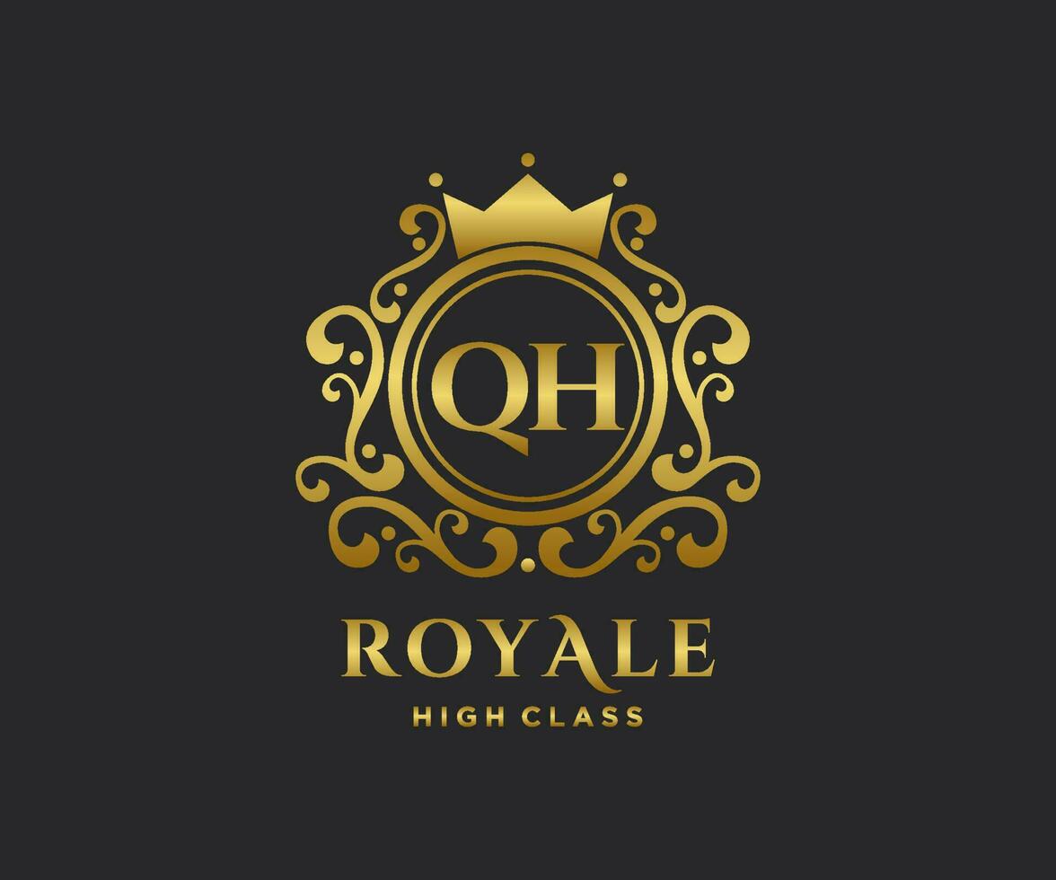 Golden Letter QH template logo Luxury gold letter with crown. Monogram alphabet . Beautiful royal initials letter. vector