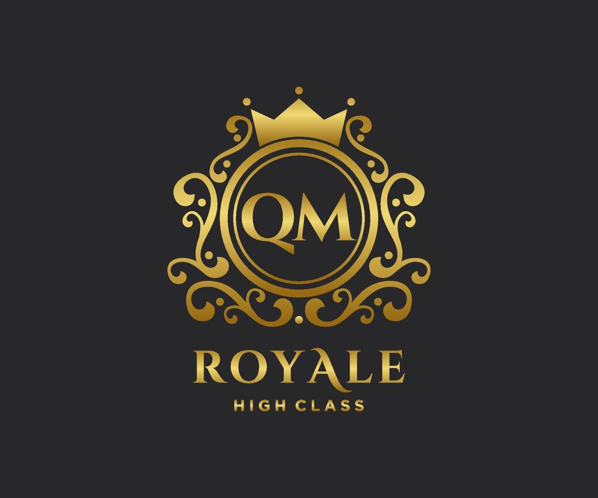 Golden Letter QM template logo Luxury gold letter with crown. Monogram alphabet . Beautiful royal initials letter. vector