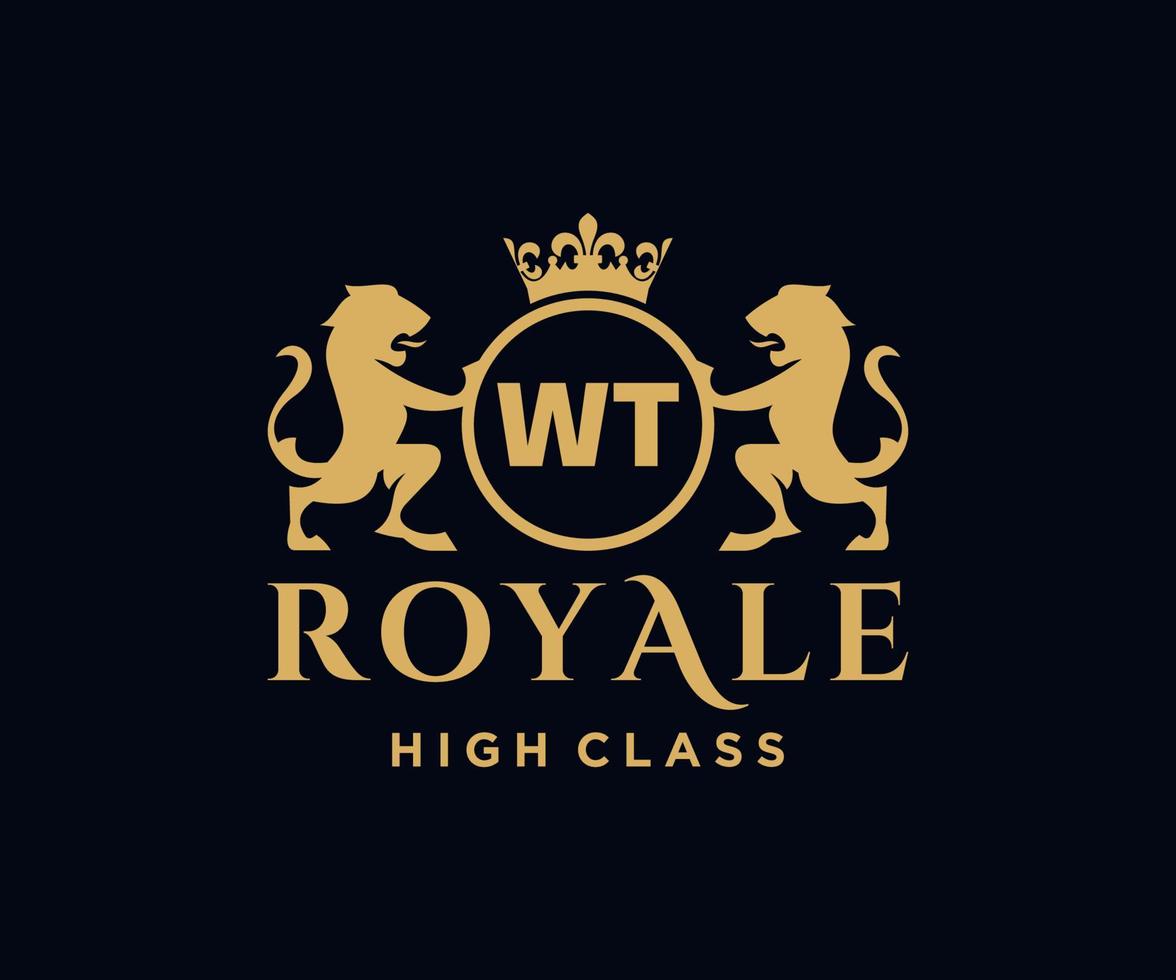 Golden Letter WT template logo Luxury gold letter with crown. Monogram alphabet . Beautiful royal initials letter. vector