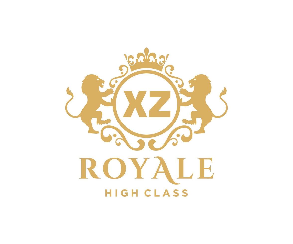 Golden Letter XZ template logo Luxury gold letter with crown. Monogram alphabet . Beautiful royal initials letter. vector