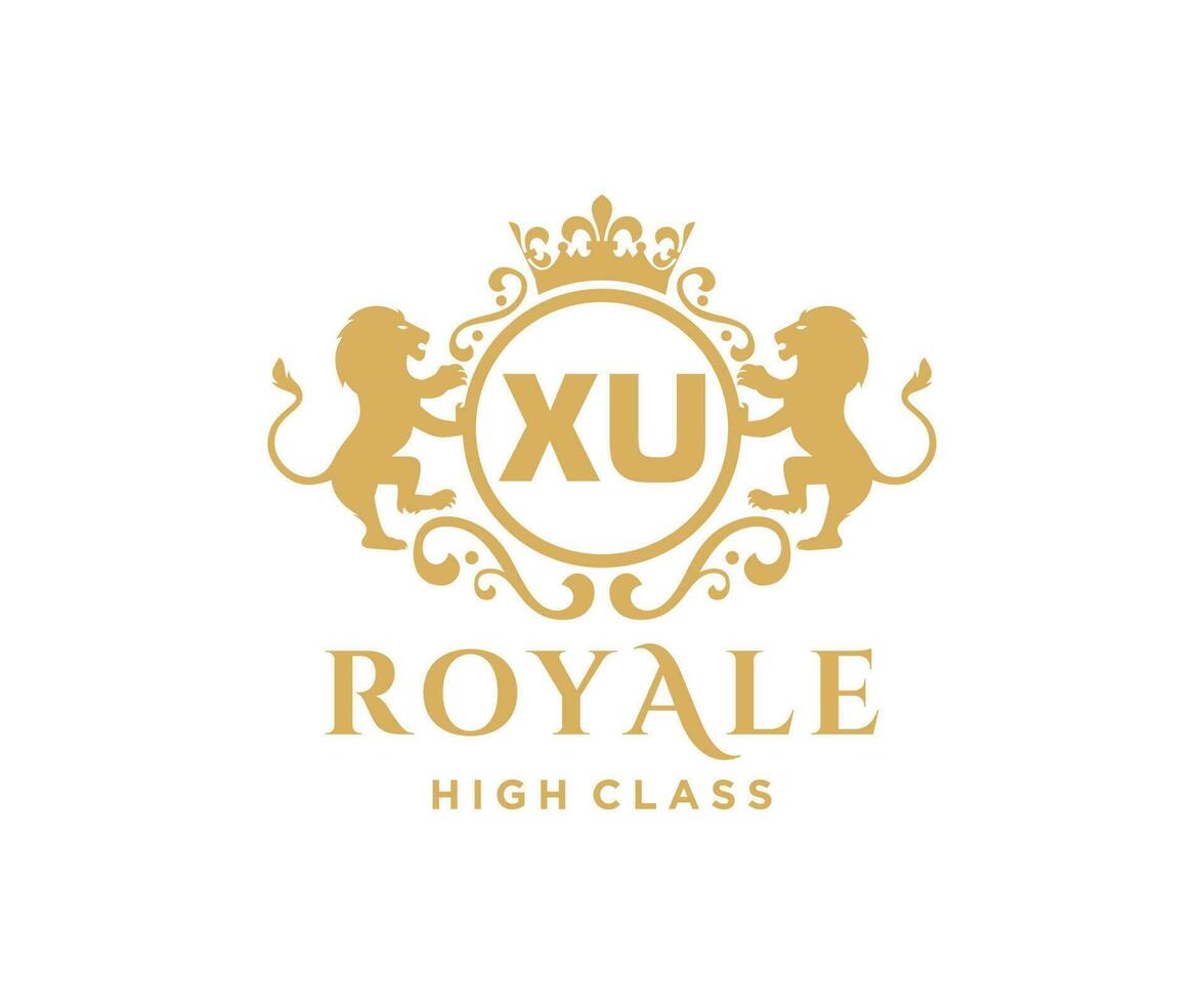 Golden Letter XU template logo Luxury gold letter with crown. Monogram alphabet . Beautiful royal initials letter. vector