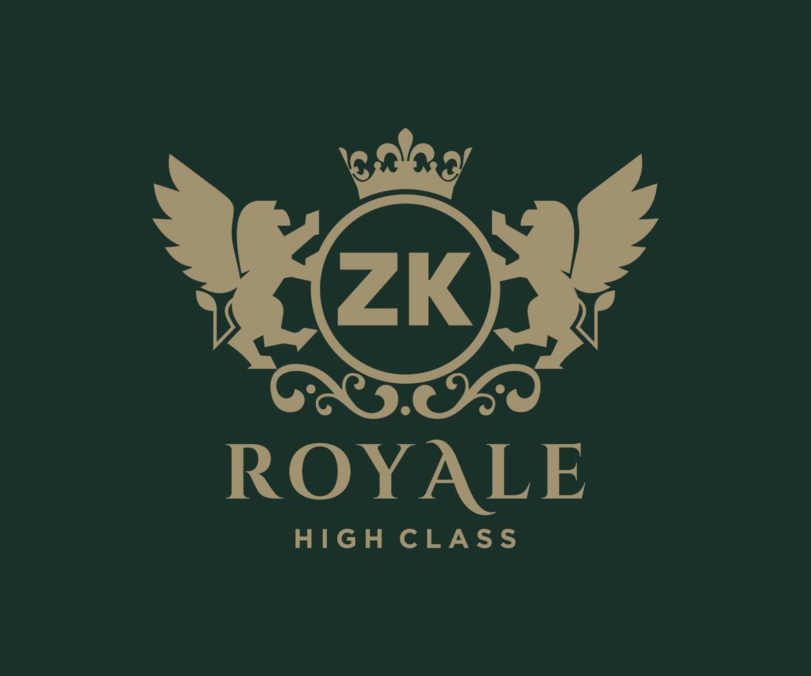 Golden Letter ZK template logo Luxury gold letter with crown. Monogram alphabet . Beautiful royal initials letter. vector