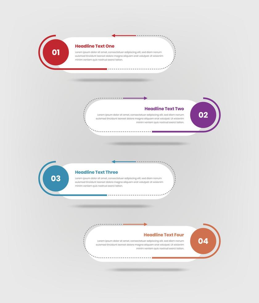 Minimalistic steps infographic timeline for data presentation with abstract arrow shape and drop shadow vector