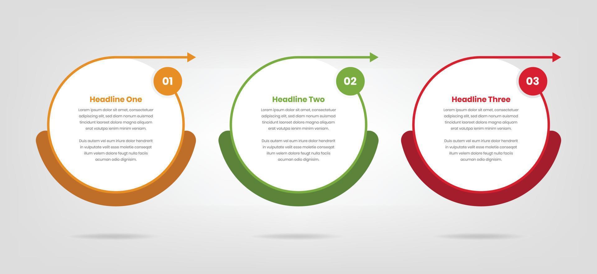 Tres pasos infografía concepto en oval forma con resumen flecha para datos presentación vector