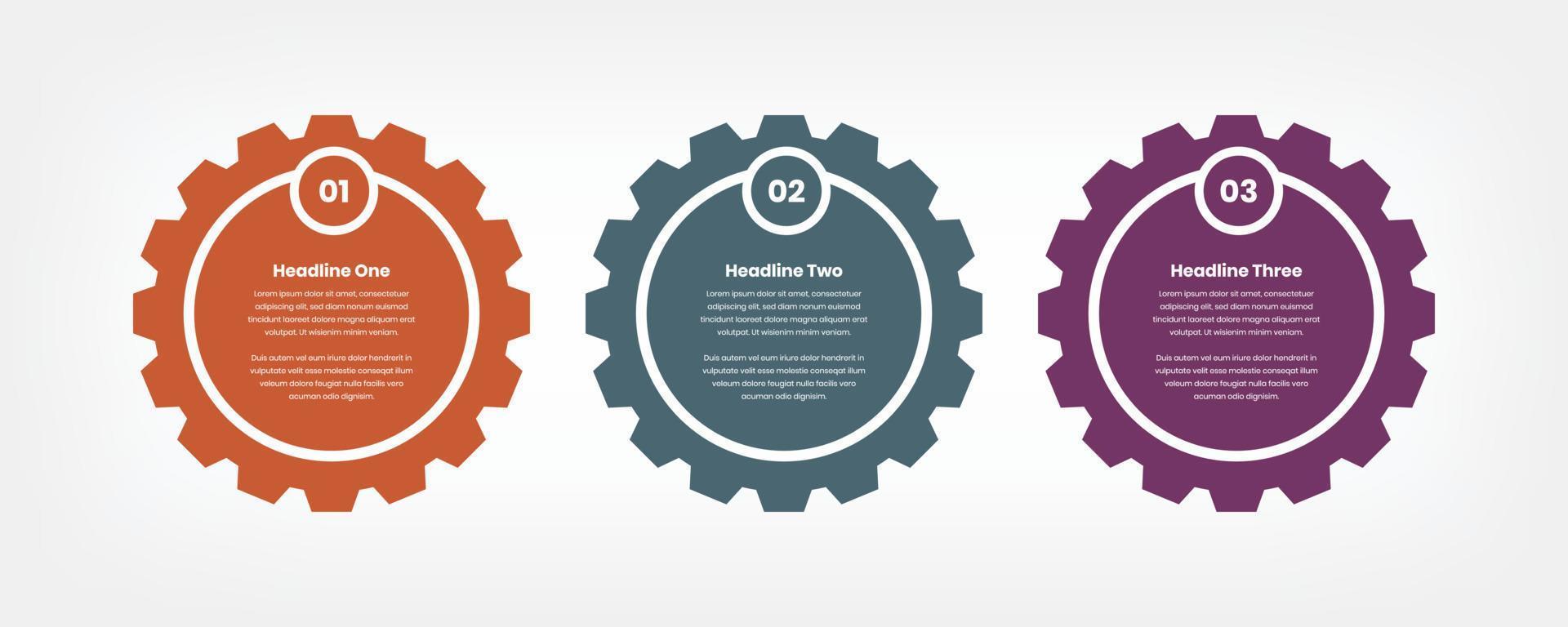 Business process three steps infographic presentation template with gear shapes vector