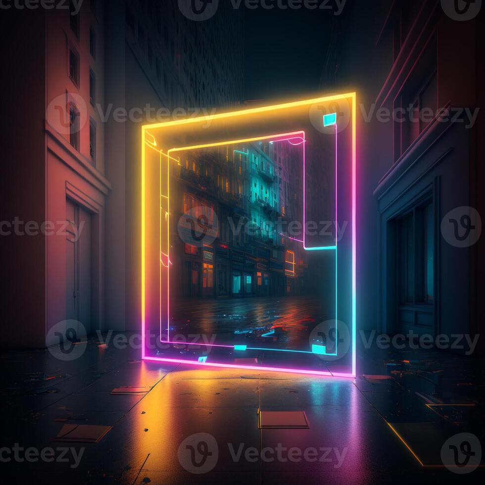 Neon frame standing in the middle of a street. The road is empty. The neon frame glows in bright, bold colors, futuristic aesthetics in vaporwave style. photo