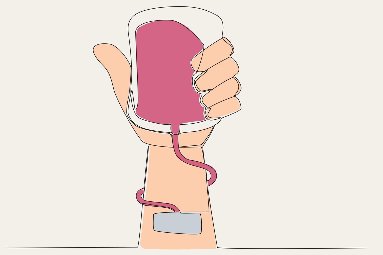 Color illustration of a hand donating blood while holding a bag of blood vector