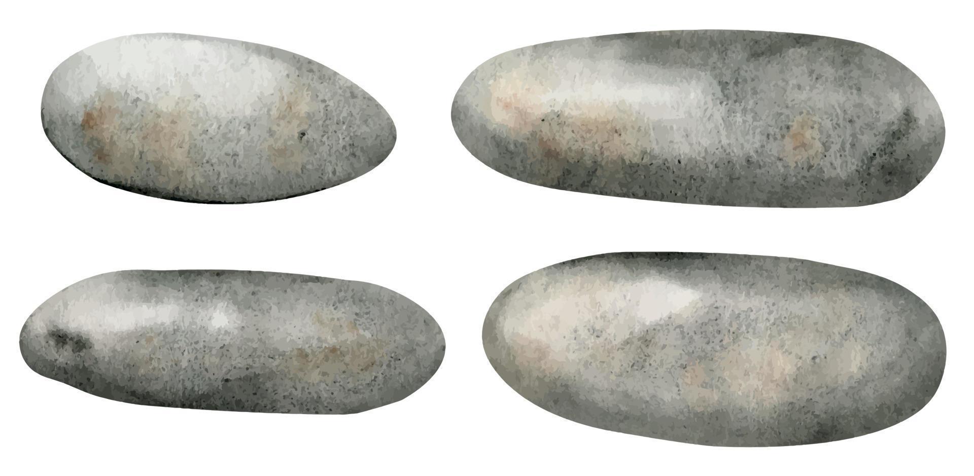 conjunto de mar piedras de diferente tamaños aislado en un antecedentes. mano dibujado acuarela ilustración de gris submarino guijarros acuario decoración. rocas haz para spa diseño. colección de minerales vector