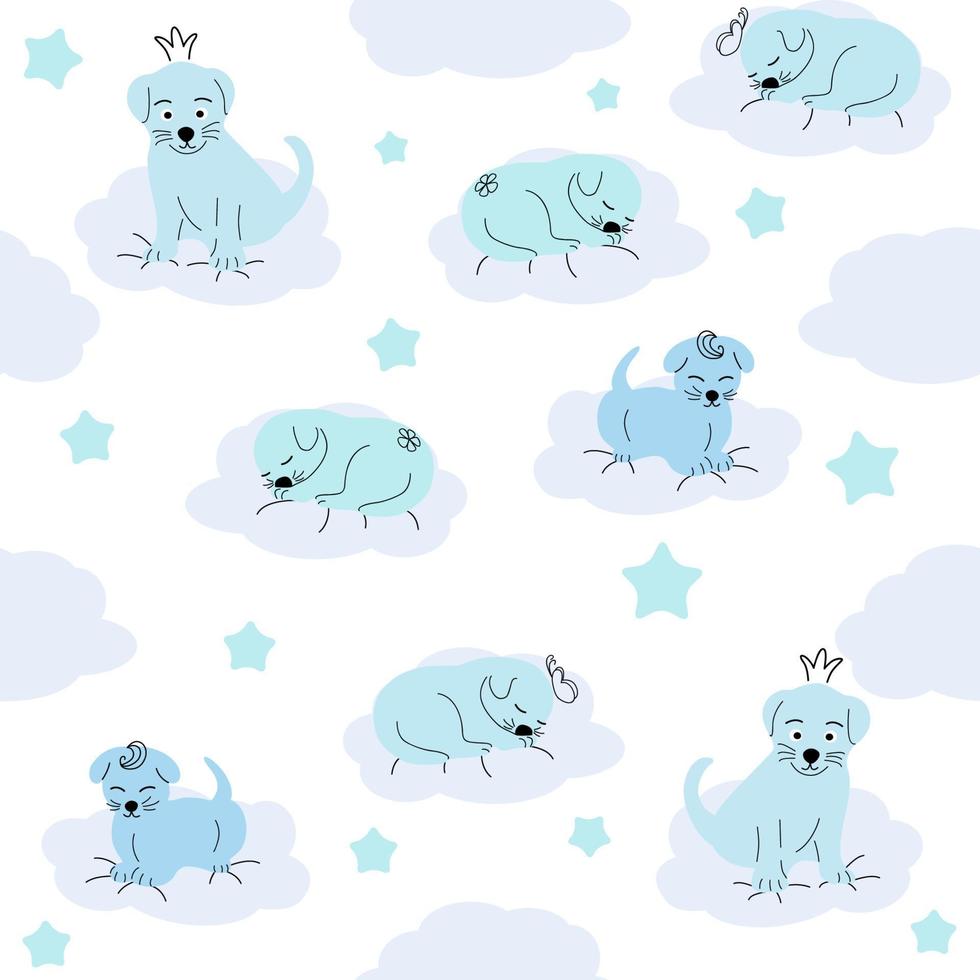 Cute sleeping puppy, clouds, stars, crown, butterflies Seamless pattern. Gentle colors. For newborns vector