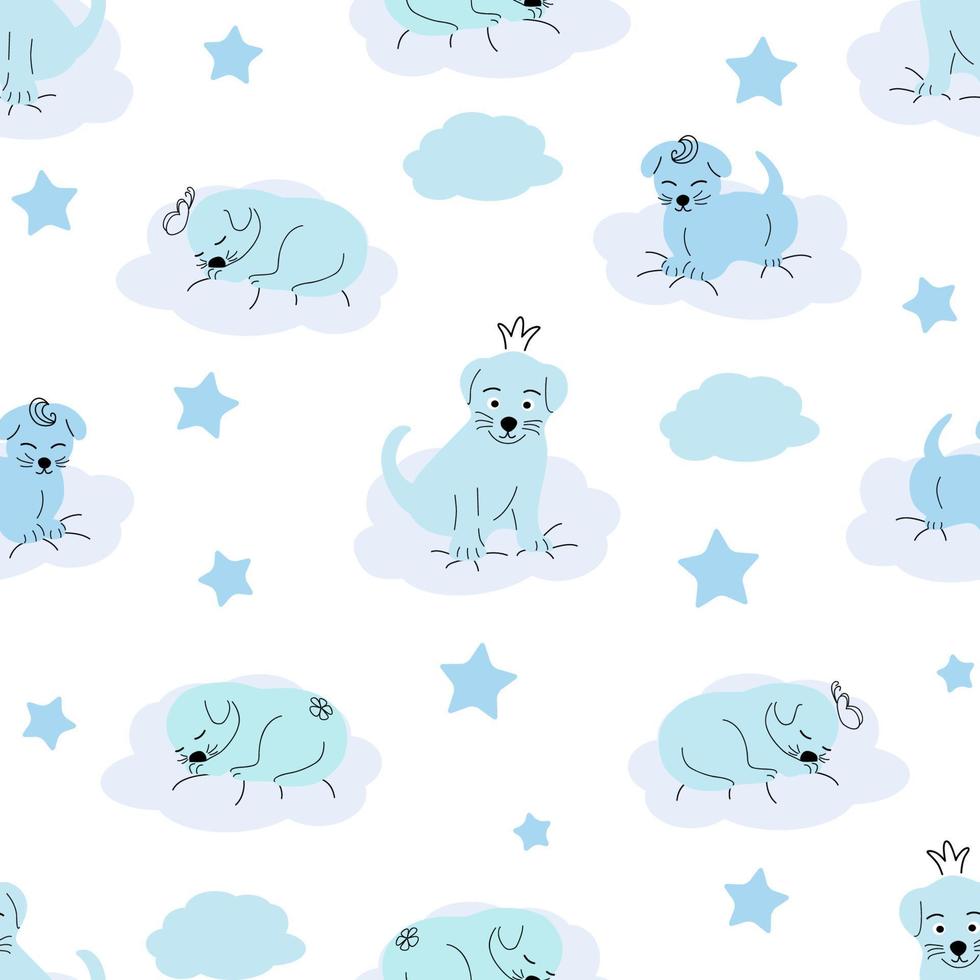 Cute sleeping puppy, clouds, stars, crown, butterflies Seamless pattern. Gentle colors. For newborns vector