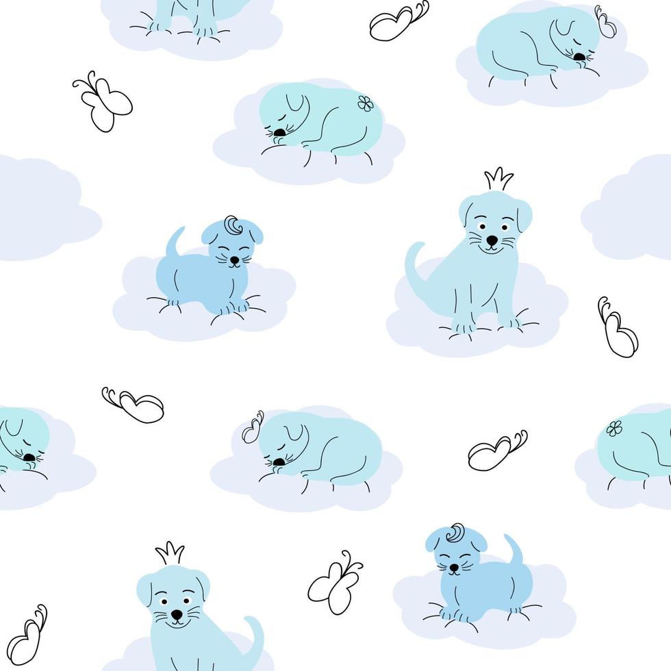 Cute sleeping puppy, clouds, stars, crown, butterflies Seamless pattern. Gentle colors. For newborns vector
