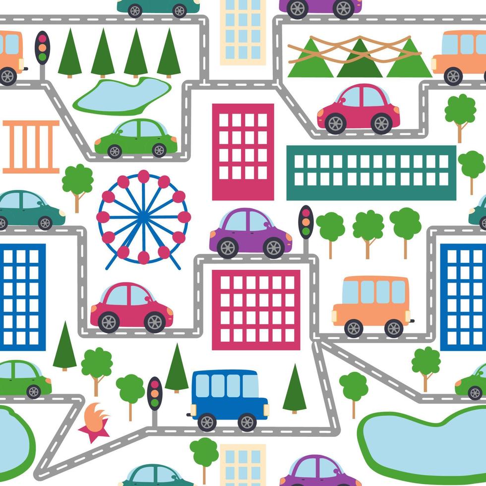 Cars, buses, trains, houses and roads, city seamless childish pattern vector