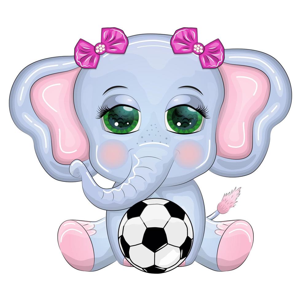 linda dibujos animados elefante, para niños personaje con hermosa ojos con un fútbol pelota, juegos para niños y adultos vector