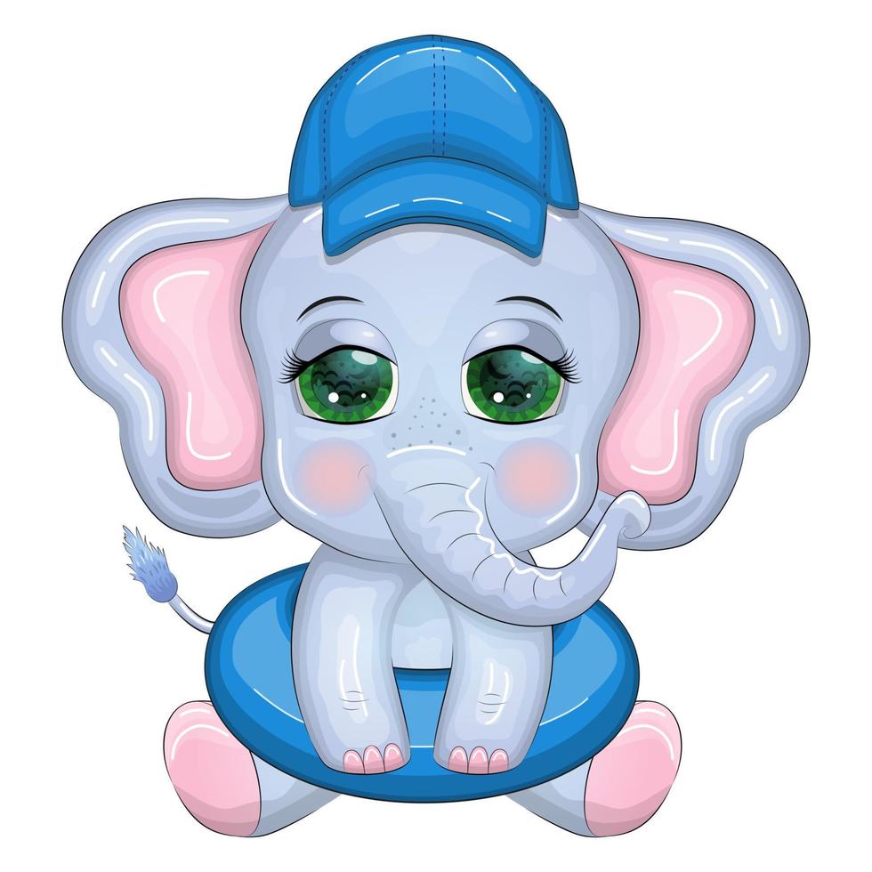 linda dibujos animados elefante, para niños personaje en un nadando circulo y Panamá sombrero, verano, vacaciones, playa vector