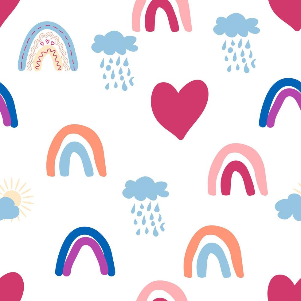 Rainbow seamless pattern in pastel colors. Scandinavian baby hand drawn illustration perfect for textiles vector