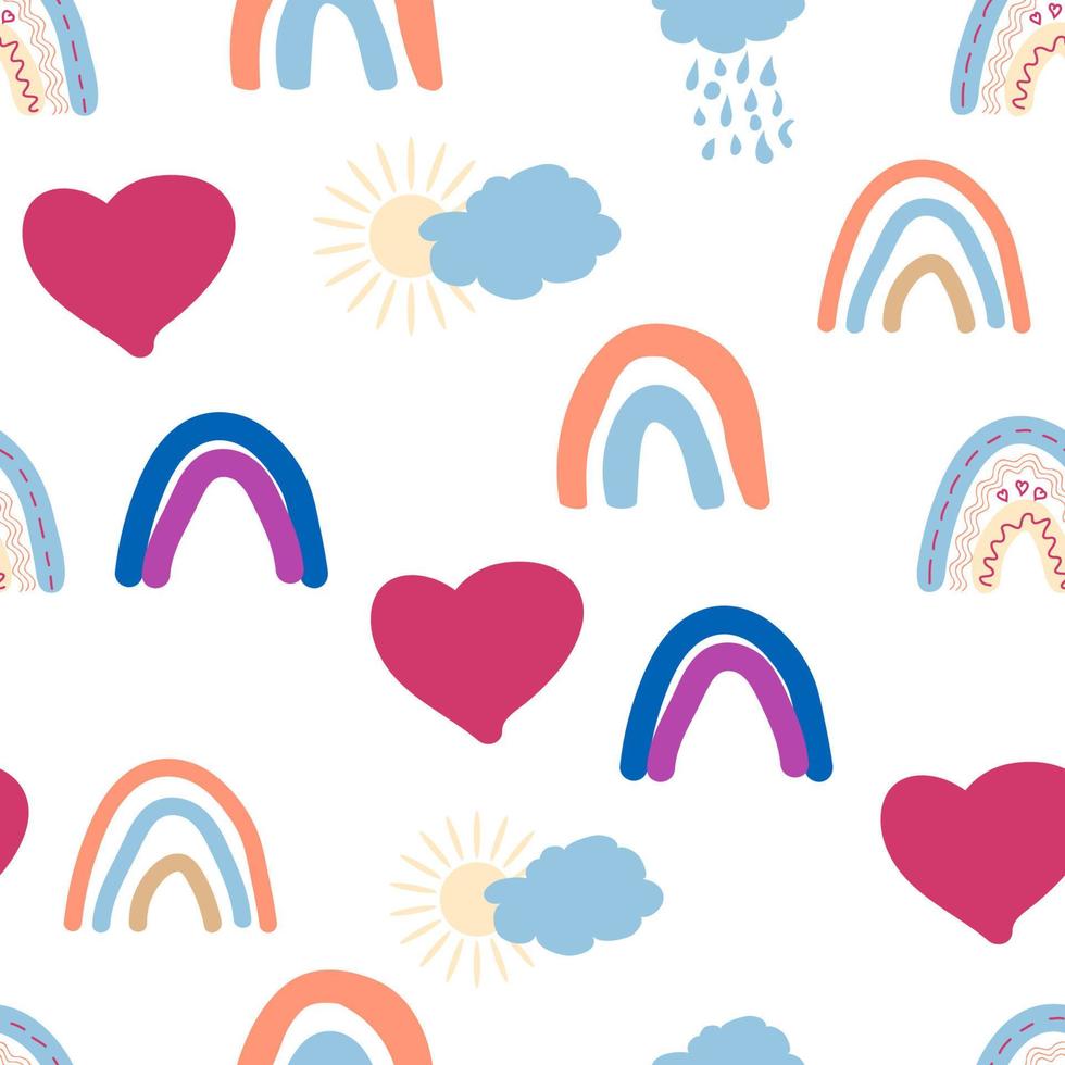 Rainbow seamless pattern in pastel colors. Scandinavian baby hand drawn illustration perfect for textiles vector