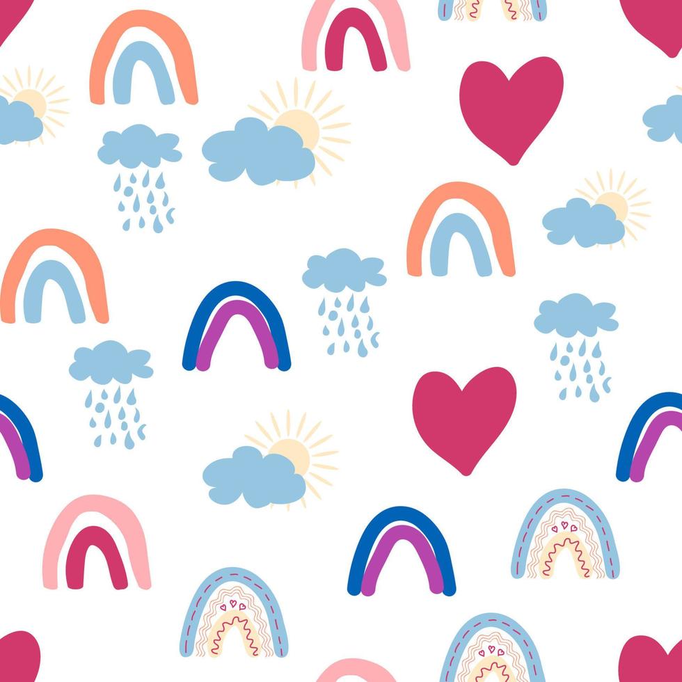 Rainbow seamless pattern in pastel colors. Scandinavian baby hand drawn illustration perfect for textiles vector