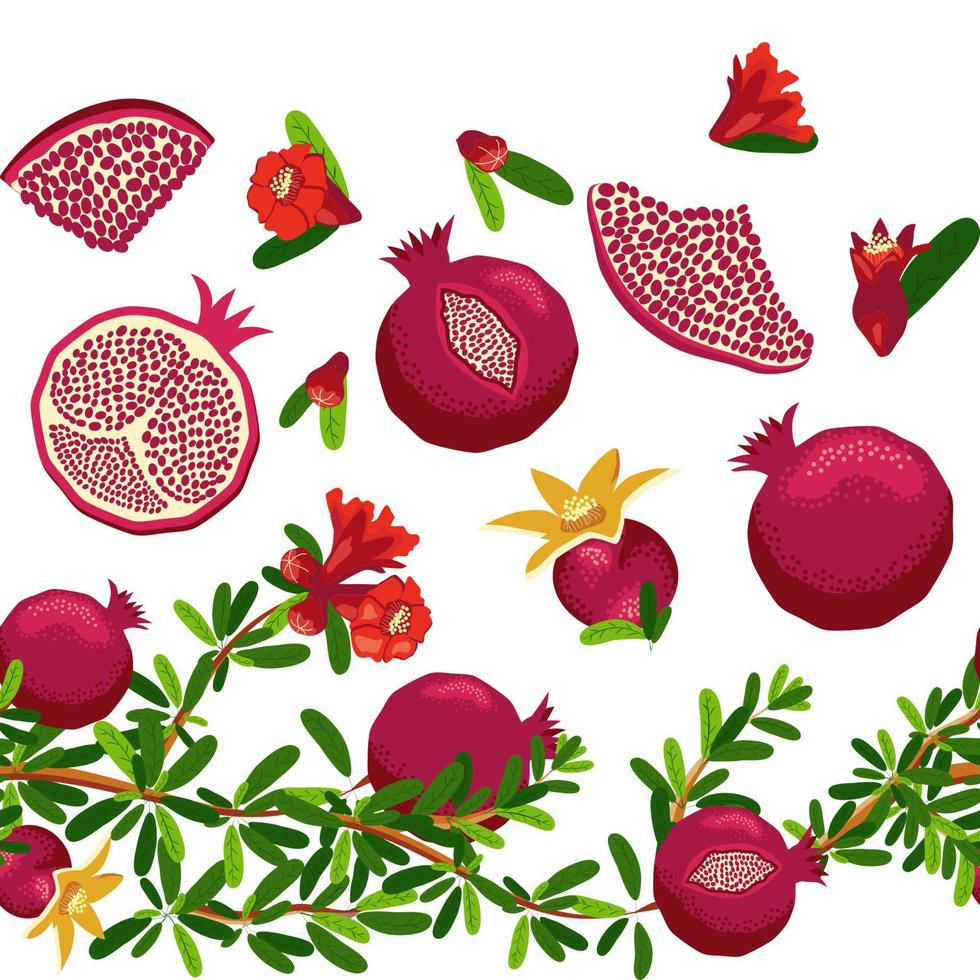 Pomegranate branches with fruits and flowers Seamless pattern. Bright leaves and fruits. Jewish New Year vector