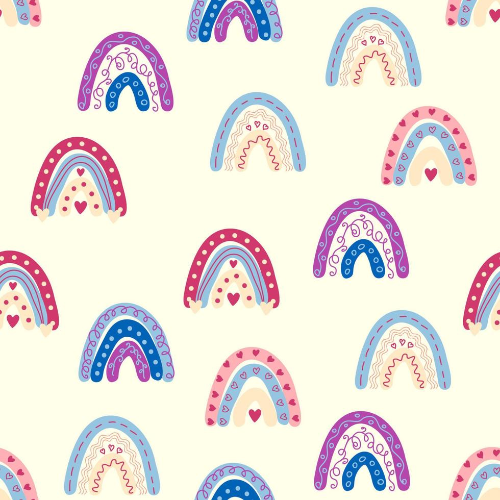 Seamless pattern graceful rainbows in boho colors. Scandinavian baby hand style for newborns. vector