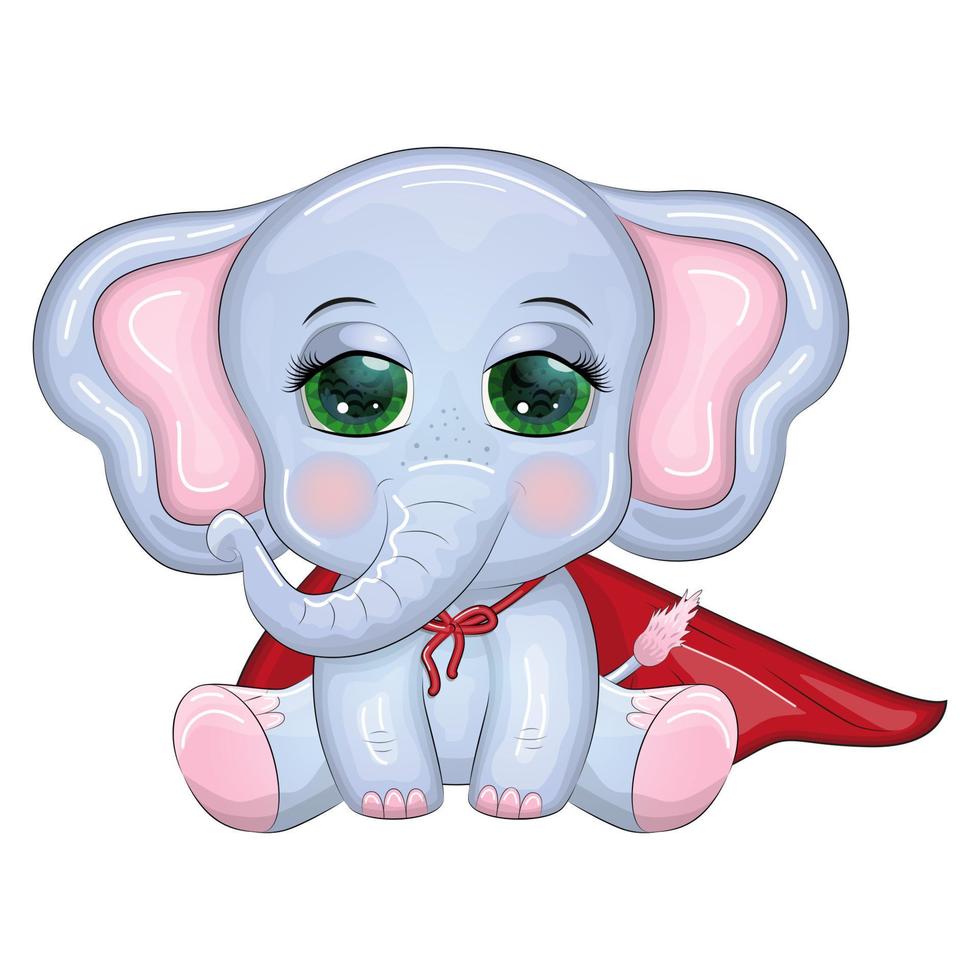 Cute cartoon elephant, childish character in super hero red cape vector