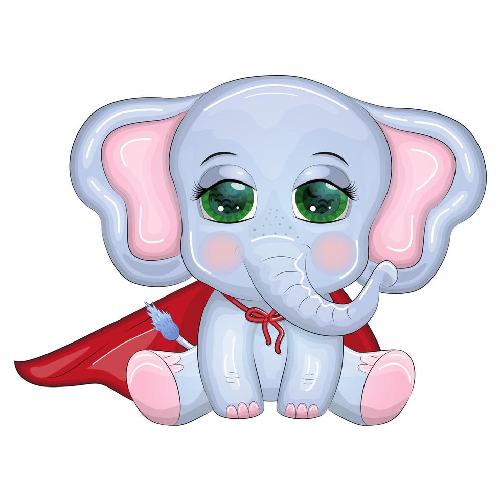 Cute cartoon elephant, childish character in super hero red cape vector