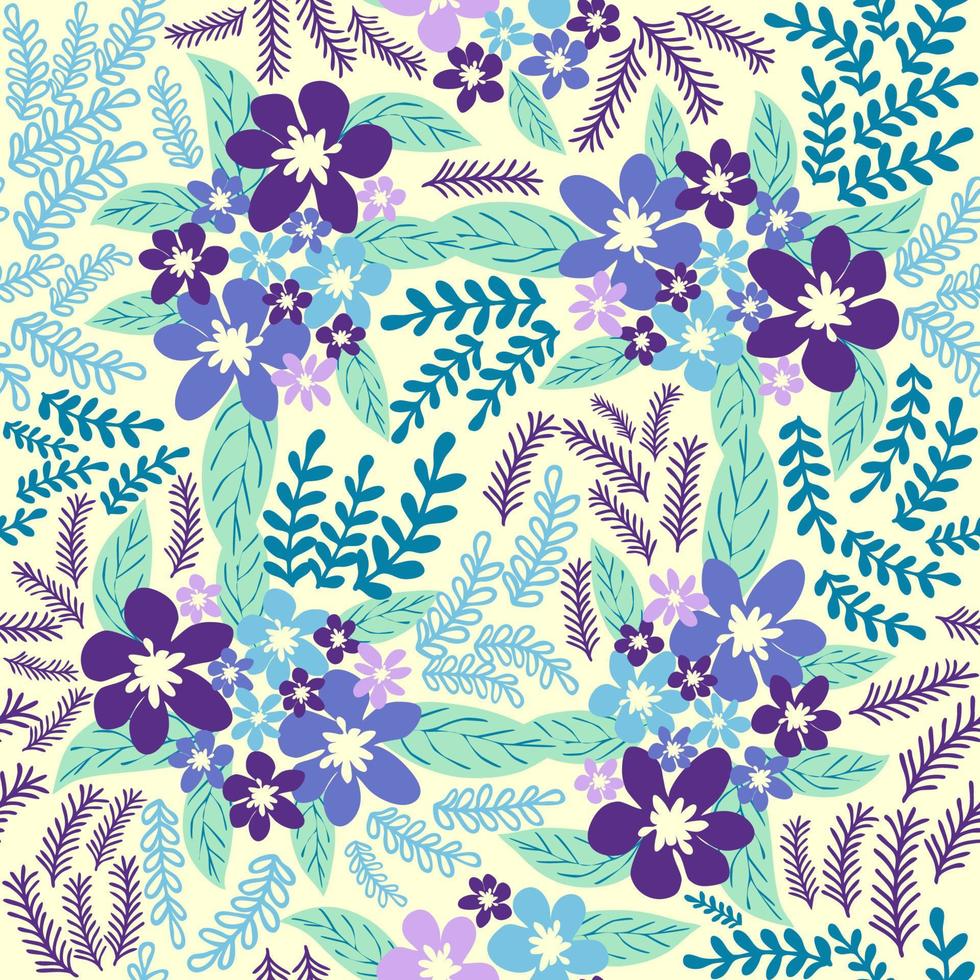 fantasía sin costura floral modelo con azul, azur, hombre, lavanda flores y hojas. elegante modelo para Moda vector