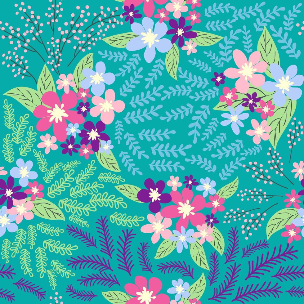 Fantasy seamless floral pattern with blue, pink, purple, red, orange flowers and leaves. Elegant template for fashion vector