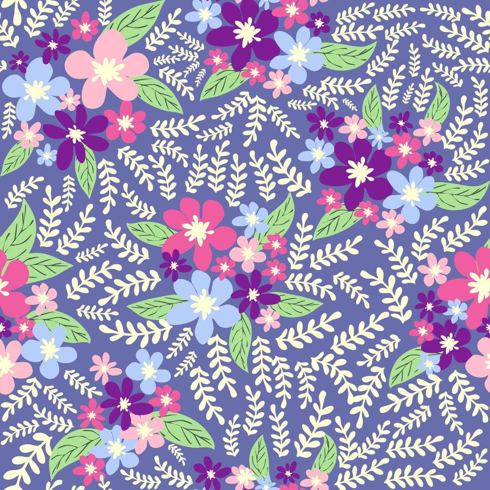 Fantasy seamless floral pattern with blue, pink, purple, red, orange flowers and leaves. Elegant template for fashion vector