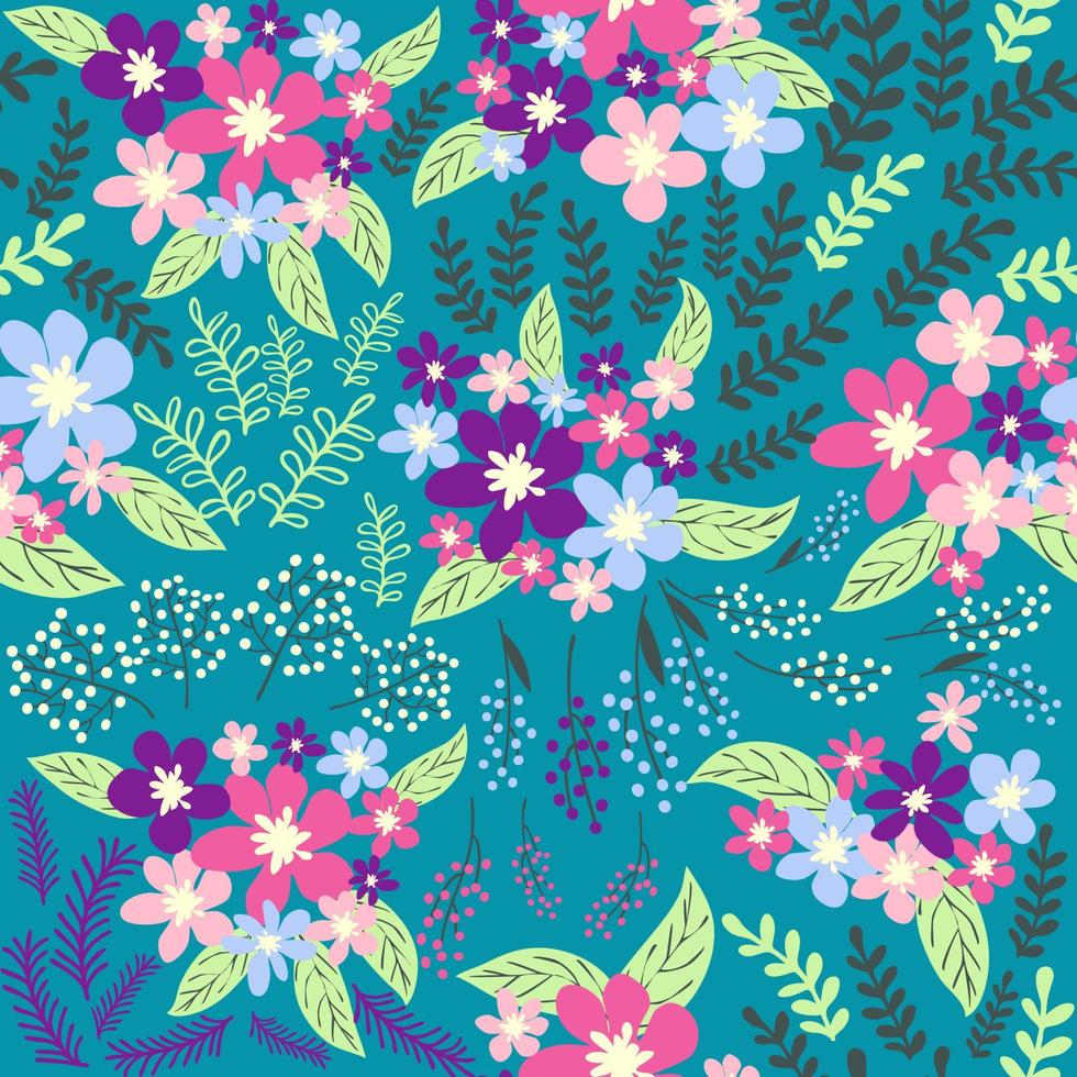 Fantasy seamless floral pattern with blue, pink, purple, red, orange flowers and leaves. Elegant template for fashion vector