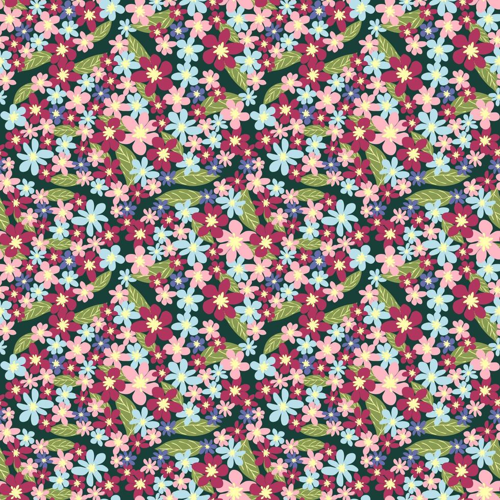 Fantasy seamless floral pattern with blue, pink, purple, red, orange flowers and leaves. Elegant template for fashion vector