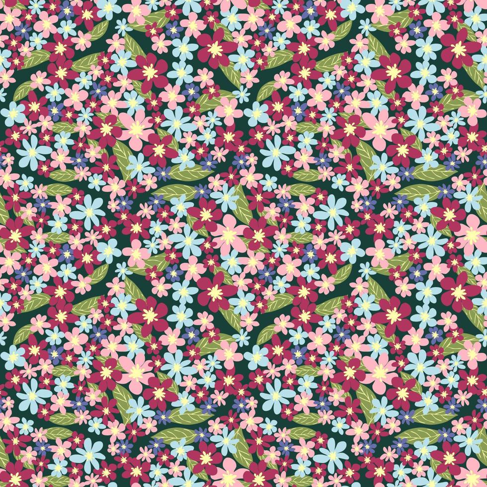 Fantasy seamless floral pattern with blue, pink, purple, red, orange flowers and leaves. Elegant template for fashion vector