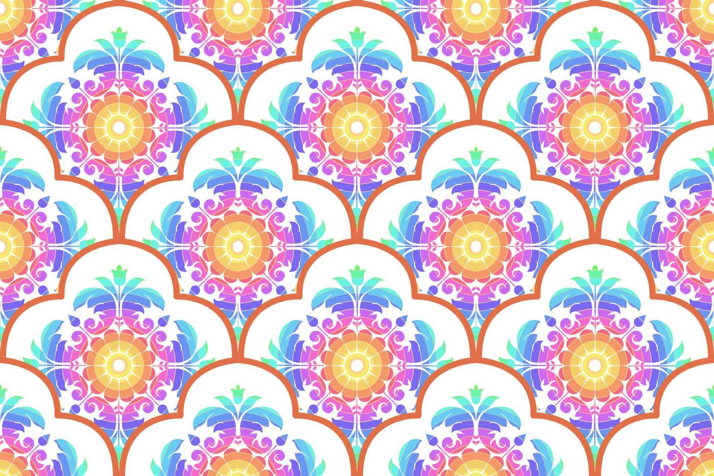 Ethnic pattern. Kerchief Pattern. Silk neck scarf. Bandana Print. Headscarf. Floral vintage style. Indonesian batik. Textile, Fabric, Tile, Clothing. Tribal texture. Vector. Blue, Red, Gold, Yellow. vector