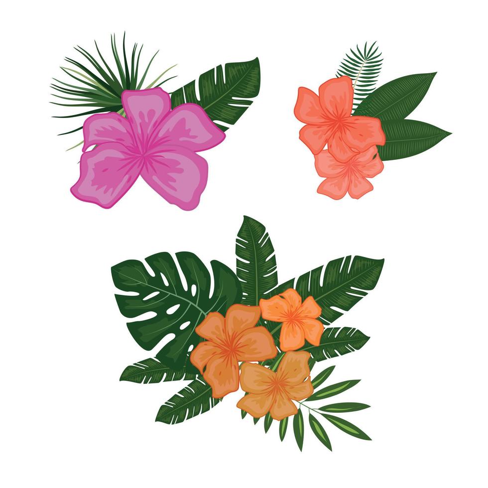 Tropical flowers and leaves isolated on white background. Vector design for postcards, wallpaper, background, packaging, for fabric.