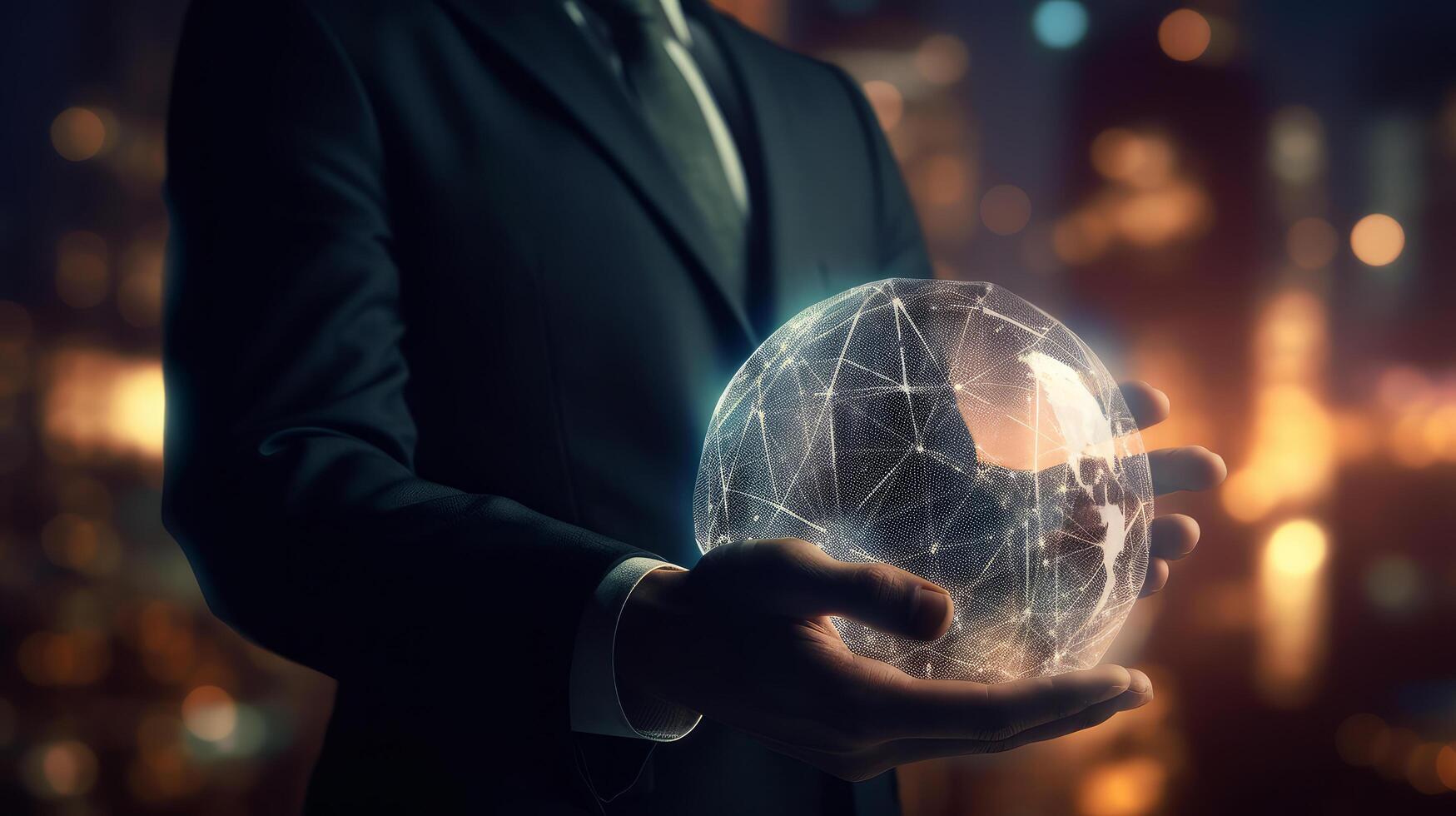 Man hand holds an electronic globe while looking at the city. Illustration photo