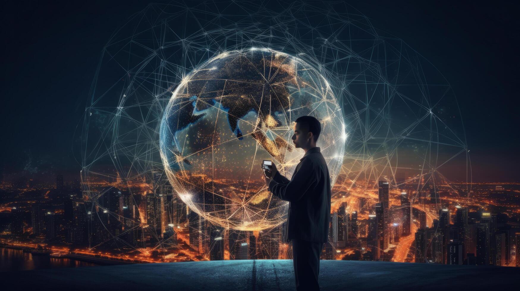 Man hand holds an electronic globe while looking at the city. Illustration photo